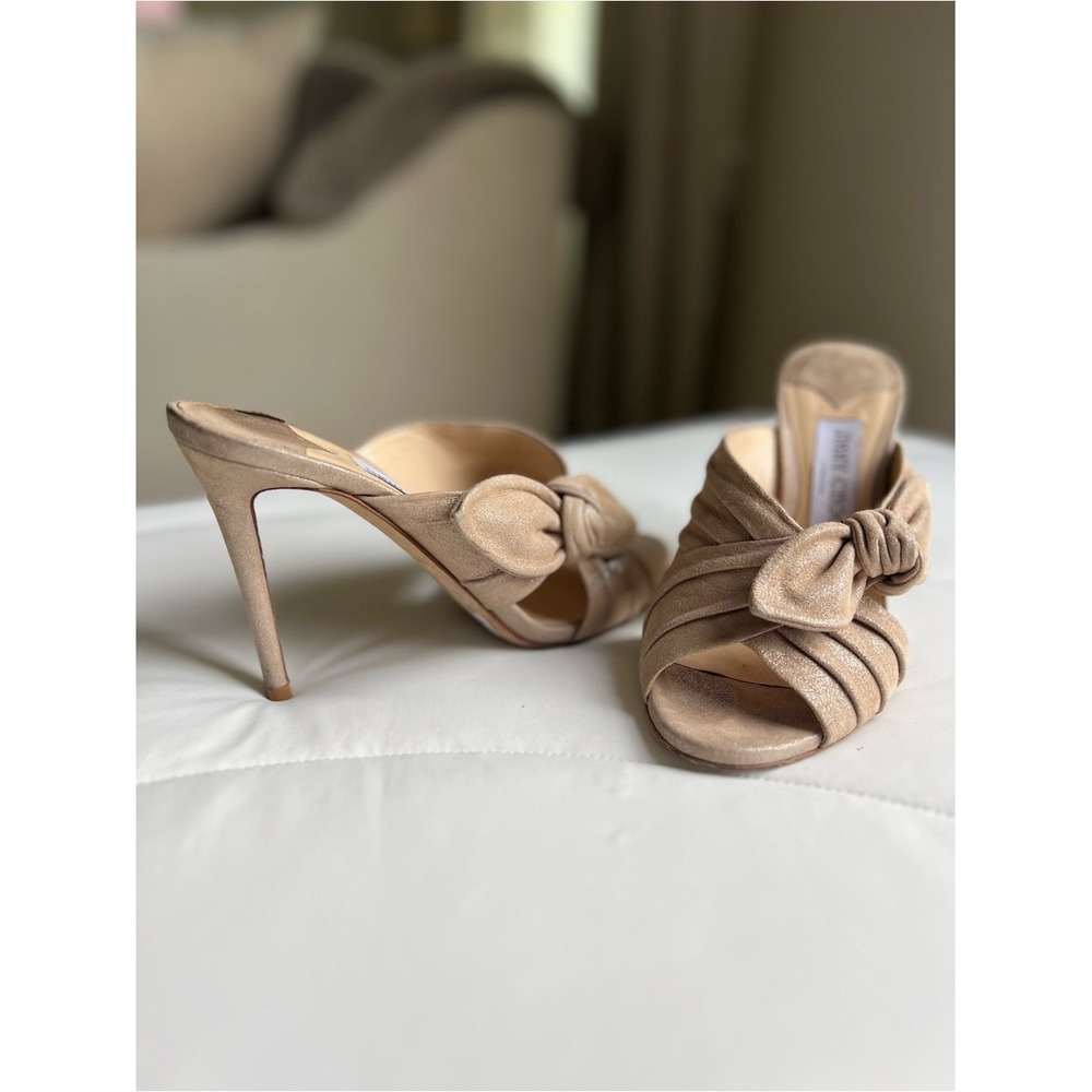 Jimmy Choo Beige Suede Bow Pleated Stiletto Mule Open Toe Women's Heels Size 38 - Picture 2 of 13